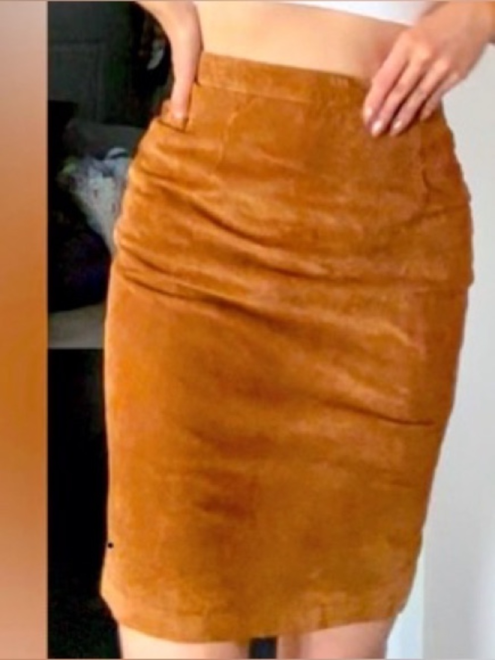 Vintage Suede Pencil Skirt – Cognac Brown – High Waisted – Genuine Leather